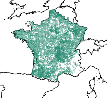 Répartition des 23 049 données de 2000 à 2021 recensées par l'Inventaire national du patrimoine naturel (Source : OpenObs consulté le 19 avril 2021).